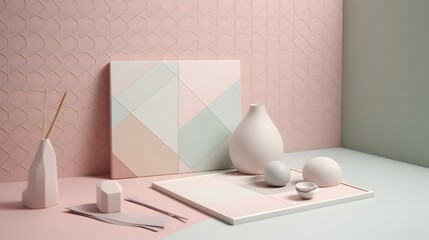 Poster - Artistic arrangement of minimalist objects in soft pastel tones studio setting still life photography
