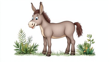 Naklejka na meble Cartoon Donkey Character Standing Among Green Plants in a Playful and Cheerful Style