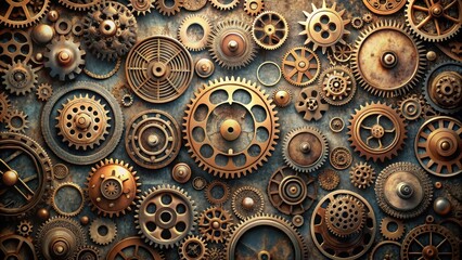 Intricate array of bronze and copper gears, clockwork components, and metallic elements arranged on a textured surface.
