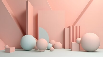 Poster - Abstract geometric shapes composition in soft peach tones minimalist design digital art indoor aesthetic perspective