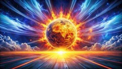 Wall Mural - Fiery Celestial Orb Rising Over a Wooden Plane in a Dramatic Cosmic Landscape