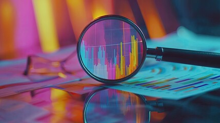 Aufkleber - A magnifying glass rests on analytical reports featuring colorful graphs and charts, symbolizing in-depth business analysis and data-driven insights for effective decisio