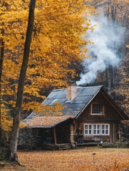 Aufkleber - Charming wooden cabin in autumn forest with smoke rising from chimney and vibrant orange leaves. Generative AI