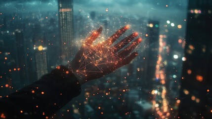 Leinwandbilder - A human hand extends toward a glowing digital network, representing connectivity and technology against an urban skyline, symbolizing innovation and modern communication.