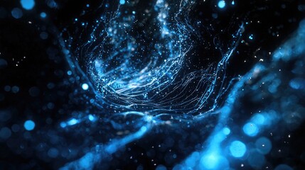 Aufkleber - An abstract digital background featuring glowing blue particles and wavy lines, creating a captivating visual effect in a dark environment, ideal for technology themes.