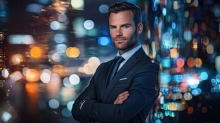 Leinwandbilder - Businessman in a tailored suit with crossed arms, overlaid with a vibrant cityscape, symbolizes urban development and professionalism in modern business environments.