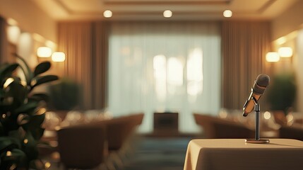Aufkleber - A microphone stands ready for use, positioned in the foreground of a softly blurred conference room, signaling an engaging public speaking event.