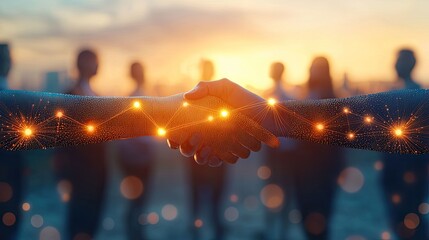 Aufkleber - A creative representation of a handshake with an urban skyline, illustrating the concept of partnership and business collaboration in a contemporary setting.