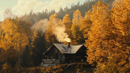 Poster - Cozy wooden cabin surrounded by vibrant autumn trees in a forest setting with smoke rising from the chimney. Generative AI