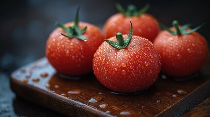 Wall Mural - Four ripe, red tomatoes with water droplets on a wooden board.