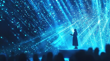 Aufkleber - A captivating scene of a speaker presenting on stage at a conference, with a focused audience illuminated by blue lighting, engaging with impactful visuals and data.