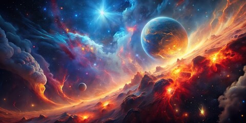 Wall Mural - fiery planetary nebula with volcanic landscape and celestial bodies