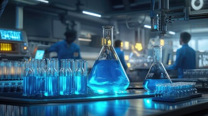 Poster - A vibrant laboratory setting featuring various glassware filled with blue chemical solutions. Researchers collaborate in the background, highlighting teamwork in scientif