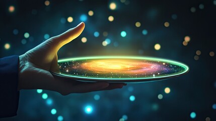Aufkleber - A creative image of a hand holding a futuristic tray that showcases cosmic elements against a starry backdrop, symbolizing innovation and artistry in dining experiences.