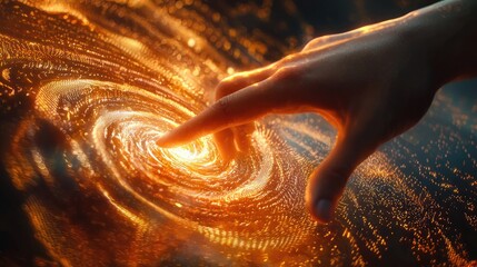 Leinwandbilder - A captivating representation of energy and light, featuring a human finger gently touching swirling patterns that evoke a sense of cosmic connection and creativity.