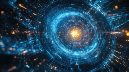 Poster - This abstract technology background features intricate circuit patterns and vibrant blue light effects, ideal for concepts related to digital innovation and data visualiz