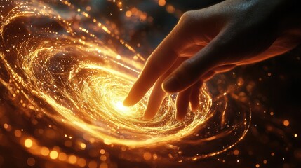 Leinwandbilder - A captivating representation of energy and light, featuring a human finger gently touching swirling patterns that evoke a sense of cosmic connection and creativity.