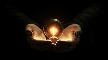 Leinwandbilder - A glowing light bulb is cradled in the hands of a person, representing the fusion of ideas and technology, set against a dark, digital backdrop, symbolizing innovation.