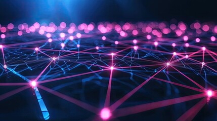 Leinwandbilder - Explore an abstract representation of technology with neon glowing lines and cubes that create a mesmerizing digital network against a dark backdrop.