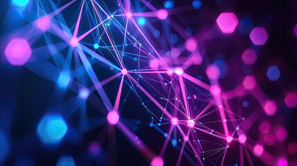 Leinwandbilder - Explore an abstract representation of technology with neon glowing lines and cubes that create a mesmerizing digital network against a dark backdrop.