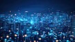 © kwanchaift - A stunning futuristic urban cityscape at night featuring blue neon lights and digital elements that highlight modern architecture and technological innovation.
