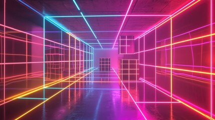 Poster - Explore an abstract representation of technology with neon glowing lines and cubes that create a mesmerizing digital network against a dark backdrop.