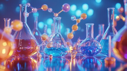 Poster - Explore the world of chemistry with this image featuring laboratory glassware, molecular structures, and elements from the periodic table on a vibrant blue background.