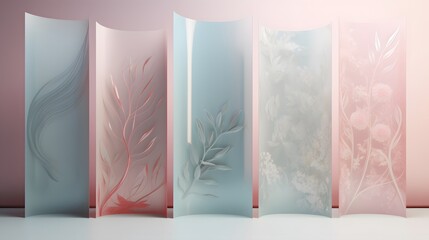Poster - Artistic glass panels displaying nature-inspired designs modern gallery decorative art minimalistic space aesthetic viewpoint