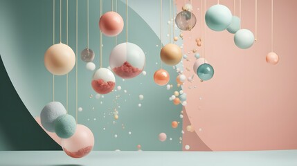 Poster - Floating colorful spheres in minimalist design studio 3d render playful environment eye-level view abstract art