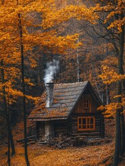 Poster - Rustic log cabin surrounded by vibrant autumn foliage in a tranquil forest setting. Generative AI