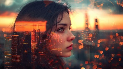 Aufkleber - An artistic double exposure portrait of a woman and a stunning city skyline at sunset. This image beautifully captures the essence of dreams and urban life.