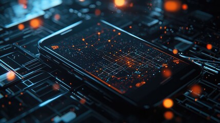 Fototapete - Visual representation of digital connectivity showcasing a smartphone with networking symbols and data analytics in a professional setting.