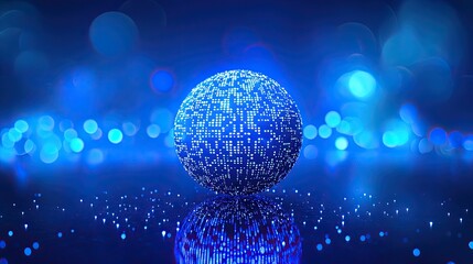 Poster - A stunning digital illustration of a globe composed of binary code and glowing dots, representing global connectivity and technological innovation in a modern blue settin