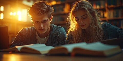 Aufkleber - Two people going over notes and textbooks in a quiet study room, with soft lighting that enhances a focused and productive mood.