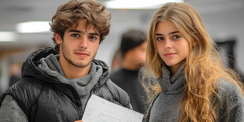 Aufkleber - Two educators are closely reviewing a student's project in a vibrant classroom, with serious and thoughtful expressions as they hold the project in their hands.