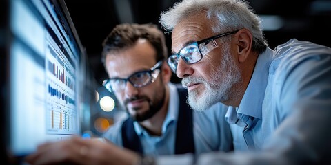 Poster - Two investors analyzing stock options in a high-tech office, with financial news on a large screen and spreadsheets on laptops.