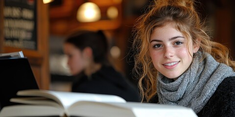 Aufkleber - Two adult learners practicing language skills in a coffee shop, with language books and lively conversation filling the atmosphere.