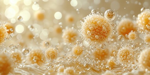 Poster - A close-up of a water droplet, teeming with microscopic life, featuring tiny organisms and swirling particles.
