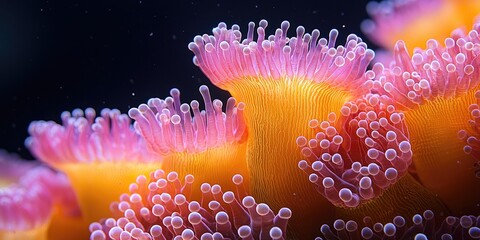 Poster - A magnified view of coral polyps, revealing their delicate, intricate structures and vibrant colors.