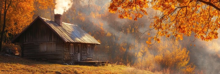 Poster - Cozy wooden cabin nestled among vibrant autumn foliage in tranquil nature setting. Generative AI