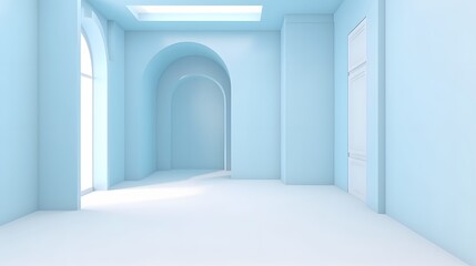 Poster - Minimalist interior design with blue walls modern art gallery digital render bright space wide angle