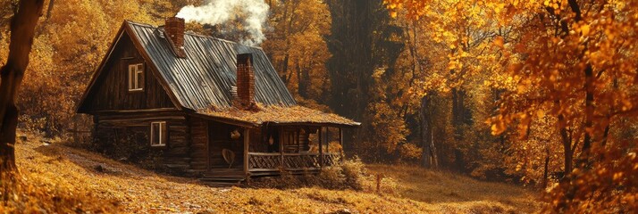 Aufkleber - Cozy wooden cabin surrounded by vibrant autumn foliage in a tranquil forest setting. Generative AI