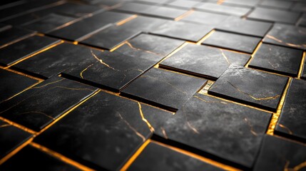 Poster - Modern Elegance Textured Black Tiles with Golden Veins Creating Stunning Design