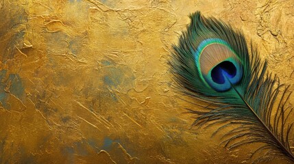 Fototapete - Peacock feather rests elegantly on a textured golden background showcasing vibrant colors and intricate details. Generative AI