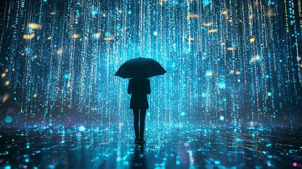 Poster - Silhouette person with umbrella under digital rain.