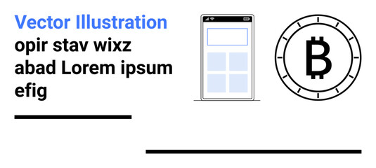 Mobile device screen with app layout, Bitcoin symbol, placeholder text, and horizontal lines. Ideal for digital finance, mobile app design, cryptocurrency, web interfaces, blockchain, tech
