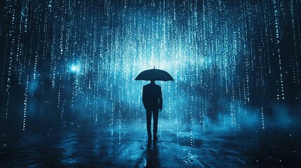 Poster - Man in suit with umbrella standing in digital rain.