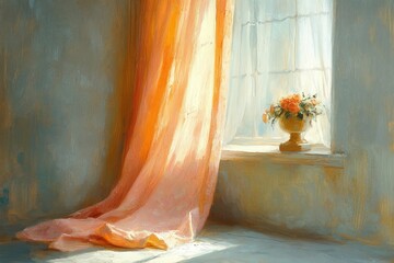 Wall Mural - Sunlit room, orange curtain, flowers, windowsill.