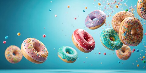 Wall Mural - Sweet Treats in Motion A Delightful Cascade of Colorful Donuts and Sprinkles