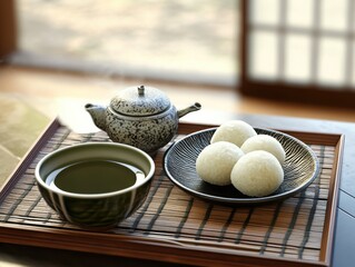 Traditional Japanese tea ceremony with rice cakes (mochi). Featuring a serene and cultural ritual. Highlighting the elegance and tradition of the tea ceremony. Ideal for cultural and food themes.